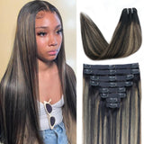 FB27 Balayage Clip In Hair Extensions Real Human Hair Straight Ombre Clip In Black to Blonde Human Hair Extensions Highlight Clip ins Remy Hair for Women 8Pcs with 18Clips Lace Weft 120g 18inch