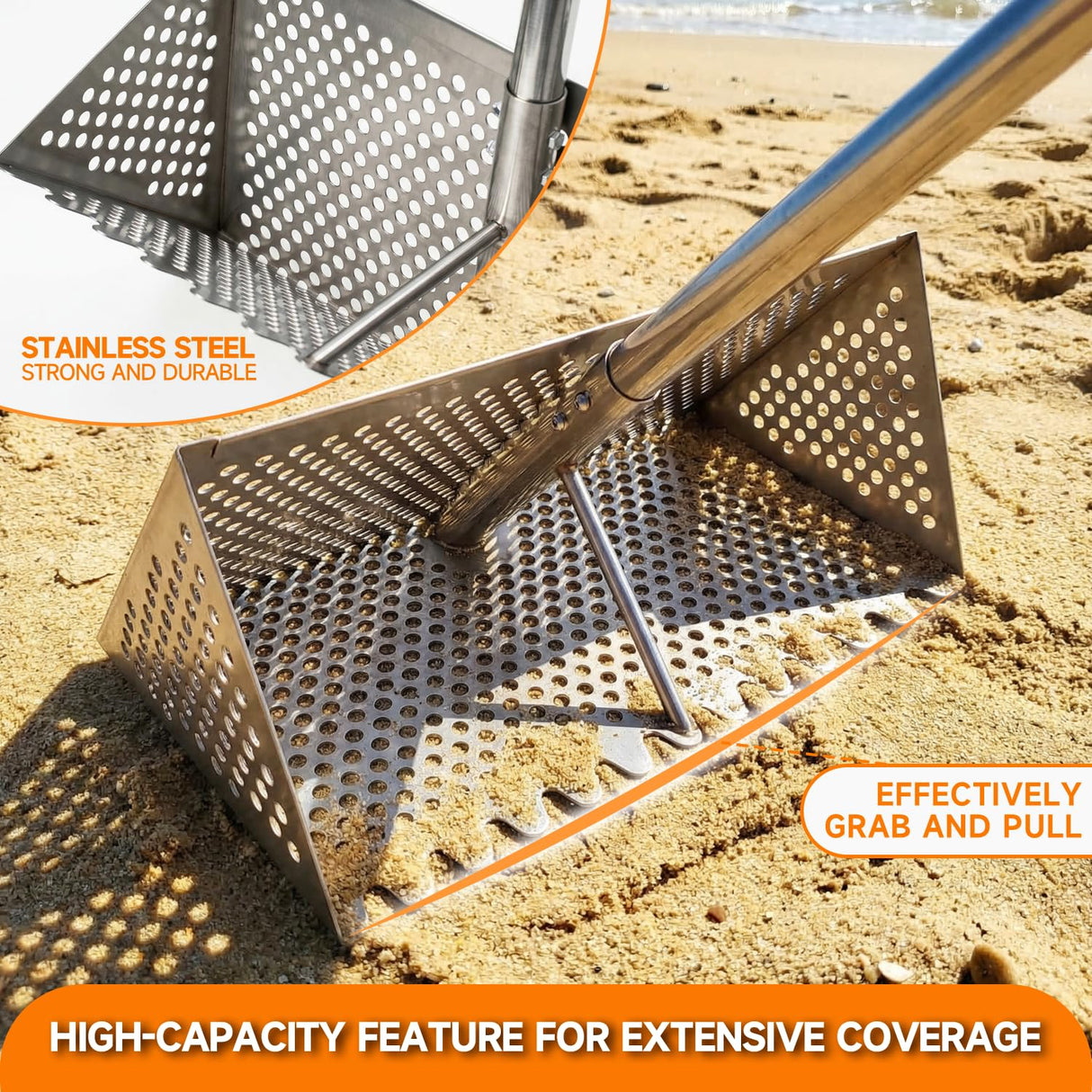 Sand Flea Rake with Beach Mesh Shovel, Detachable Long Handle Sand Sifter for Beach, The Shark Tooth Screen Comes with 16in Width Drain Screen with 52in Handle