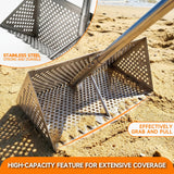 Sand Flea Rake with Beach Mesh Shovel, Detachable Long Handle Sand Sifter for Beach, The Shark Tooth Screen Comes with 16in Width Drain Screen with 52in Handle