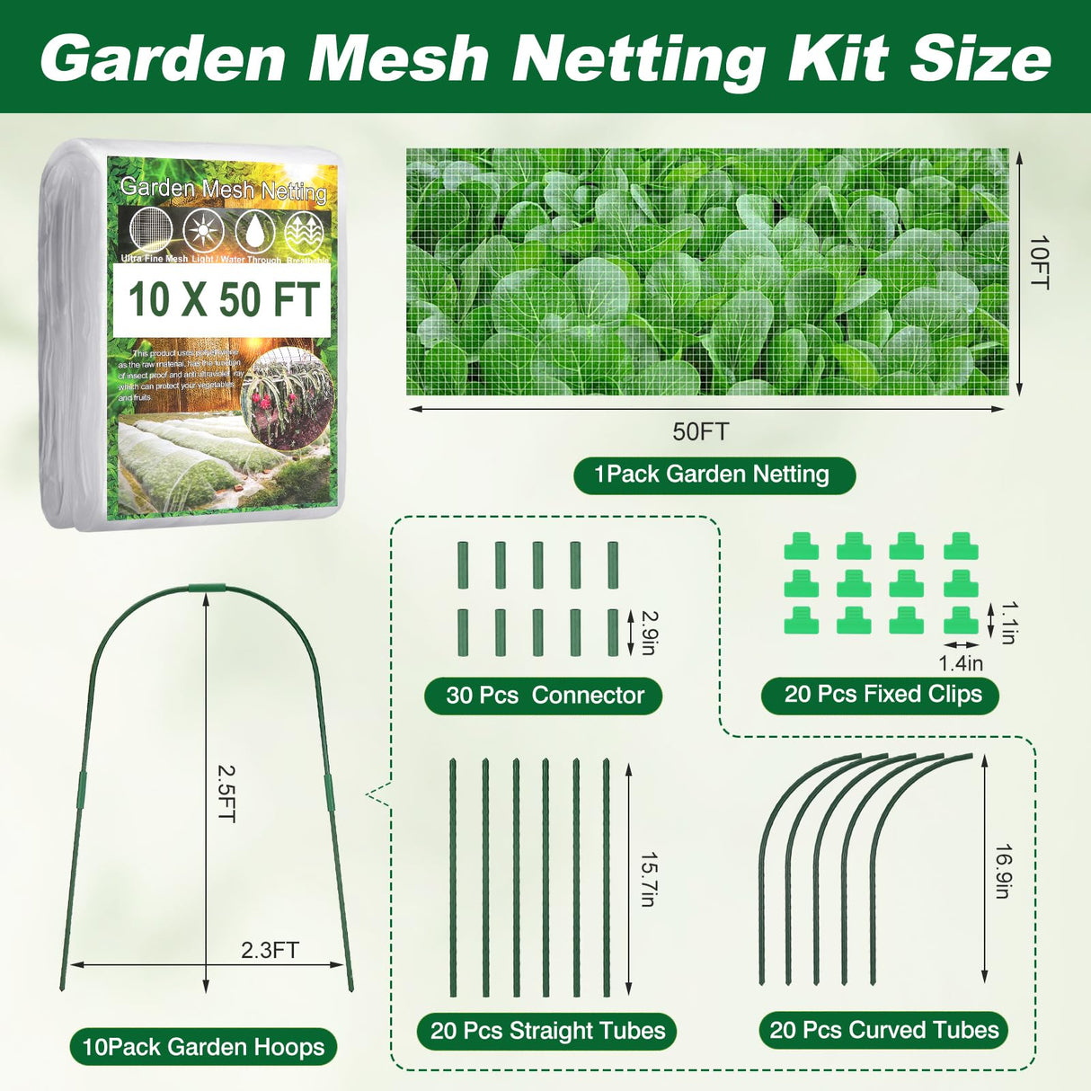 Fippy Garden Netting Kit, 10 X 50FT Garden Netting Pest Barrier with 10 Sets Garden Hoops and 20pcs Clips, Insect Netting Row Cover for Raised Beds Vegetable Fruits Flowers Protection