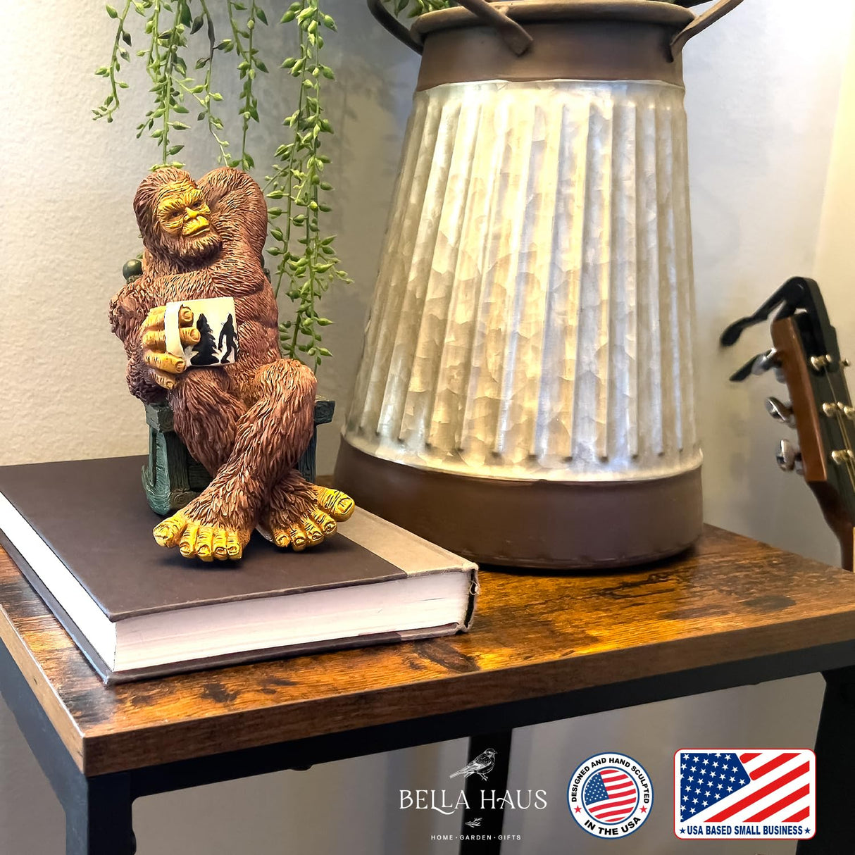 Bella Haus Bigfoot Garden Statue | Sasquatch Enjoying Morning Coffee | Whimsical Bigfoot Cabin Décor for Yard Patio Office or Home | Mythical Coffee-Loving Sasquatch Figurine | Hand-Painted Resin