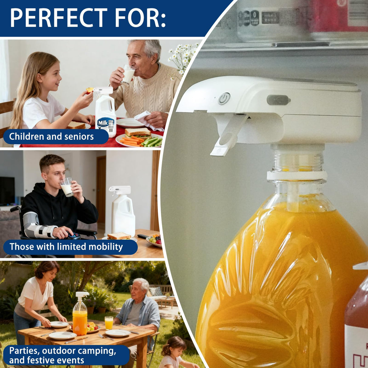 Automatic Drink Dispenser Hands-Free Beverage Milk Dispenser for Fridge Gallon USB Rechargeable Spill-Proof Design for Home Kitchen Parties