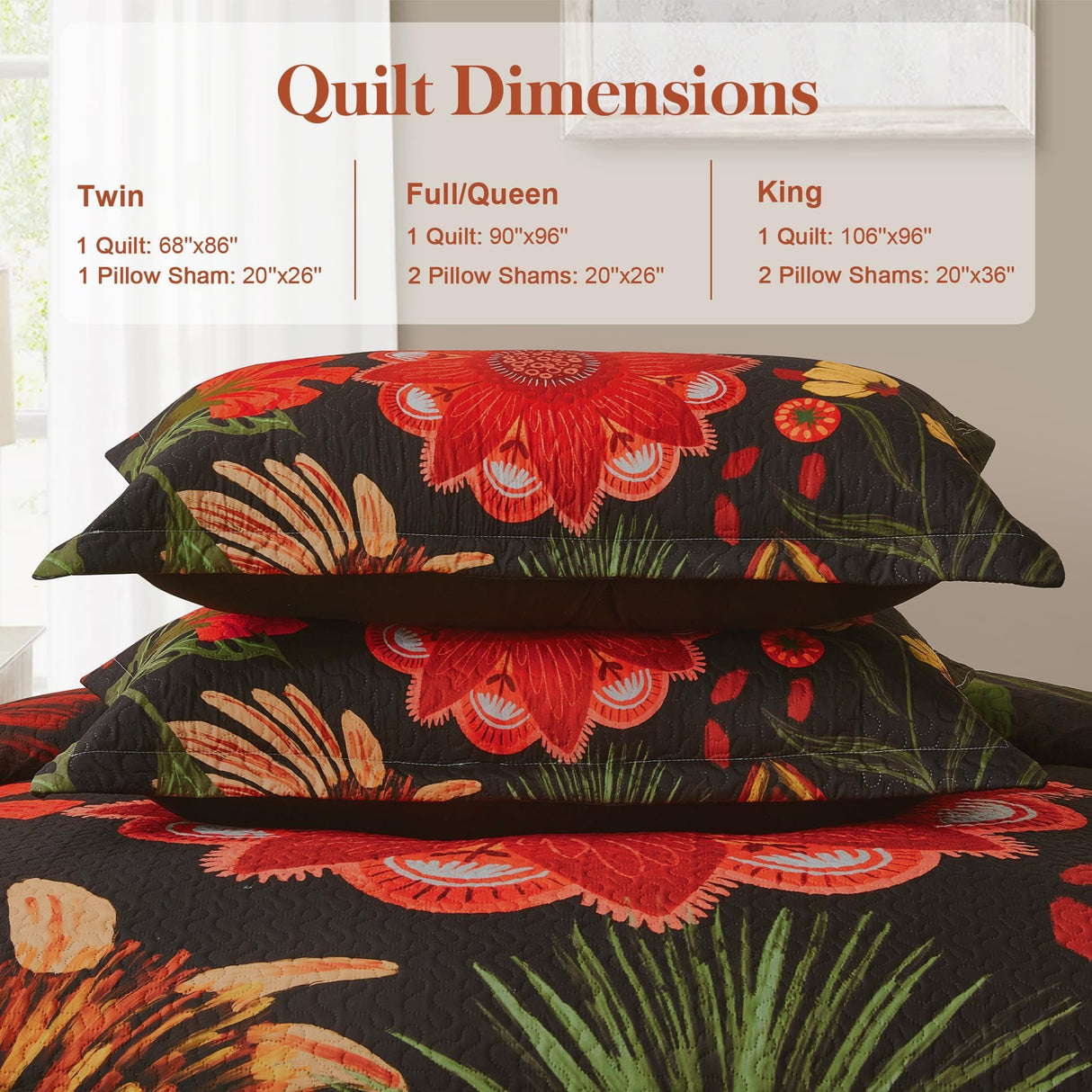 Tyrot 3 Piece Black Red Boho Floral Full/Queen Quilt Sets Farmhouse Christmas Reversible Lightweight Bedspread Coverlet with 2 Shams Mid Century Microfiber Bedding Quilts Set for All Season, 90''x96''