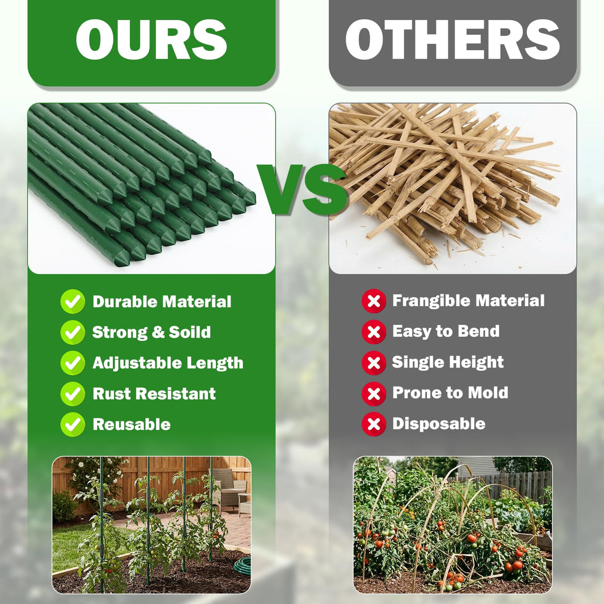 Tegarbed Garden Stakes 40 Pack, 16 Inch Plastic Coated Metal Tomato Stakes, DIY 4ft 5ft 6ft 7ft Plant Support Stakes with 28 Connectors 28 Rotatable Clips 28 Plant Clips for Indoor Outdoor Vegetables