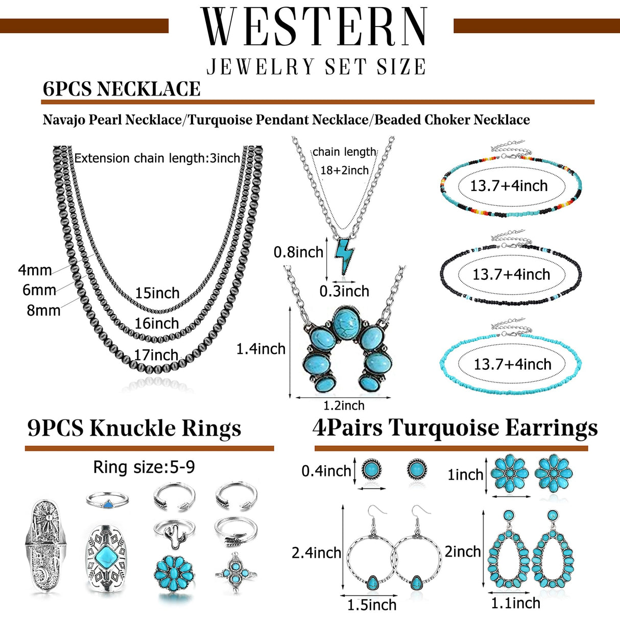 Fansilver Turquoise Jewelry for Women Bohemian Western Jewelry Set,20PCS
