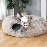 LUCKITTY Warm Fluffy Plush Cat Tunnel Bed Under Christmas Tree Big Tube Playground Toys 3 FT Diameter Longer Crinkle Collapsible 3 Way, for Indoor Cat Kitty Kitten Puppy Rabbit Ferret Brown