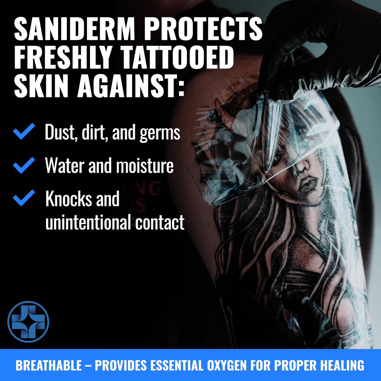 Saniderm Original Tattoo Aftercare Bandage (Personal Roll, 10.2 in x 2 yd) – Convenient, Faster Tattoo Healing and Protection – Sterile, Waterproof, and Latex-Free Tattoo Aftercare Wrap – Gloss Finish