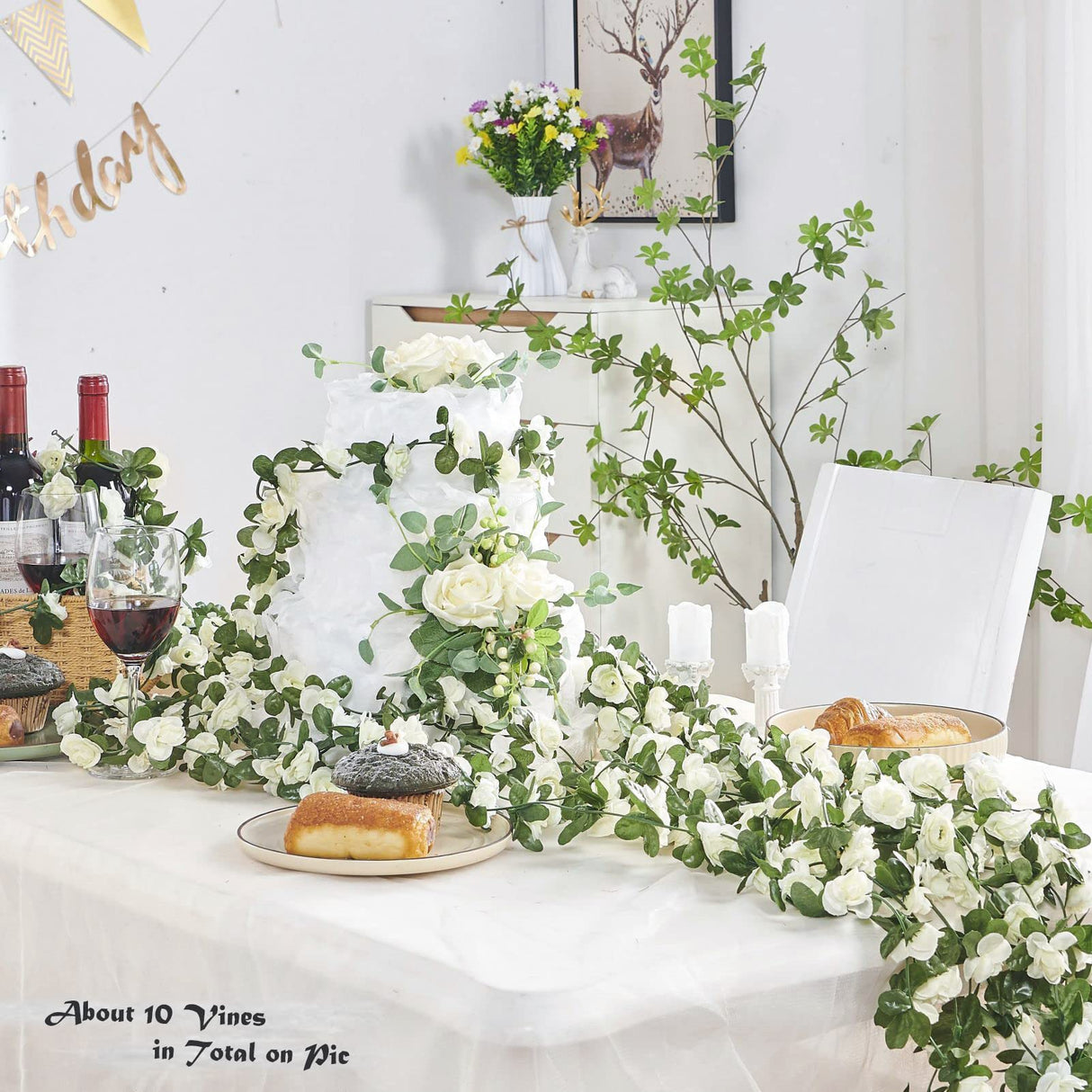 PONKING 8 Pcs x 8.2 ft Flower Garland Artificial Rose Vine Flowers with Green Leaves Hanging Fake Roses Vine for Room Party Home Wedding Birthday Christmas Wall Arch Decor, Spring White Flower