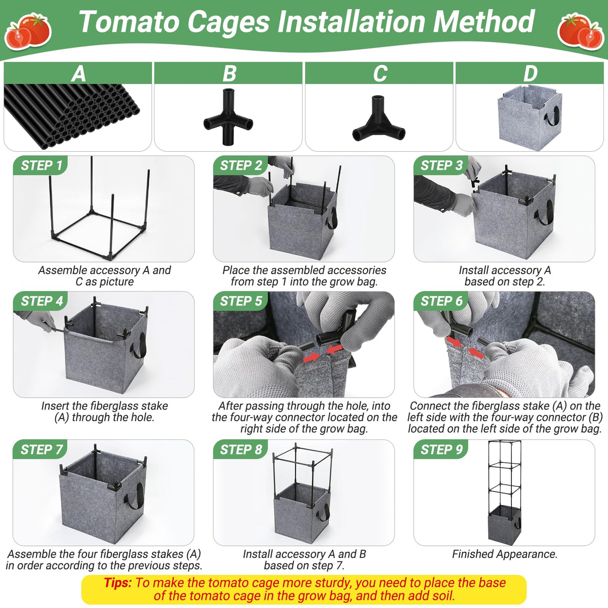 Qinzave 3 Pack Square Tomato Cages with Grow Bags, 42.5 Inch Stable Square Tomato Planter Support Stakes Kit for Garden, Tomato Cages Trellis Pots for Spring Climbing Vegetables Fruits Vines Flowers