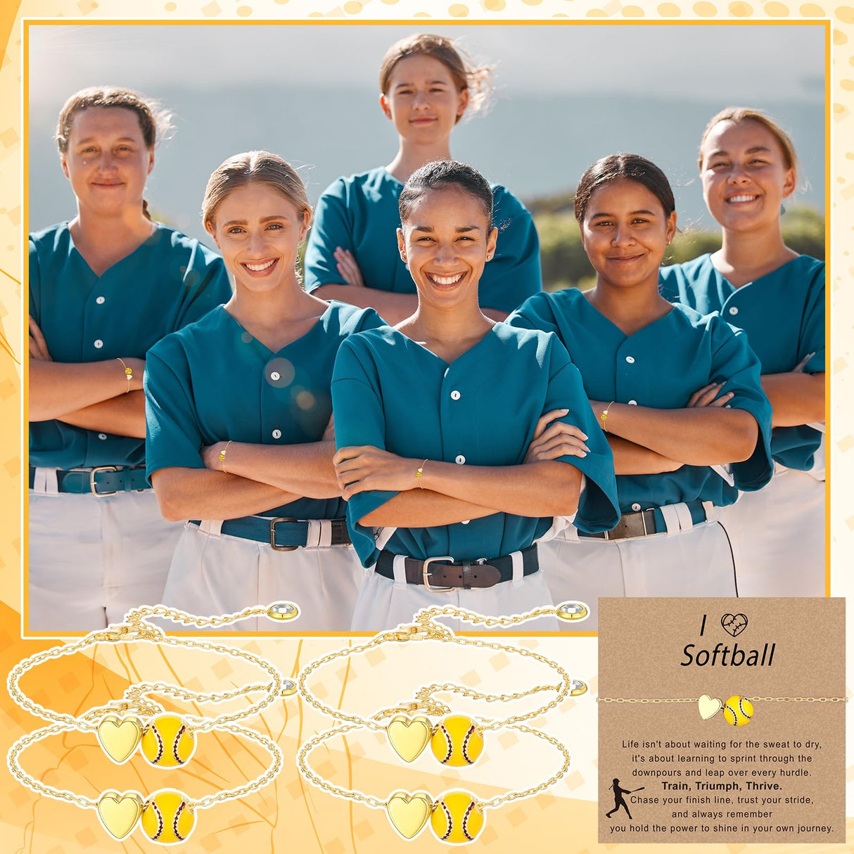 Tondiamo 12 Sets Baseball Volleyball Softball Soccer Tennis Football Bracelet for Women Dainty Gold Plated Heart Bracelets Sport Lovers Gifts Sports Jewelry Gifts(Softball)