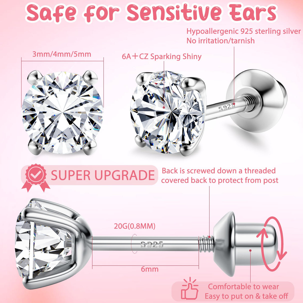 FASACCO 925 Sterling Silver Stud Earrings 18K White Gold Plated Screw Back Earrings for Women Girls Hypoallergenic Cubic Zirconia Earrings Studs 3MM 4MM 5MM Sparkling CZ Silver Over 36 Months Old