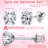 FASACCO 925 Sterling Silver Stud Earrings 18K White Gold Plated Screw Back Earrings for Women Girls Hypoallergenic Cubic Zirconia Earrings Studs 3MM 4MM 5MM Sparkling CZ Silver Over 36 Months Old