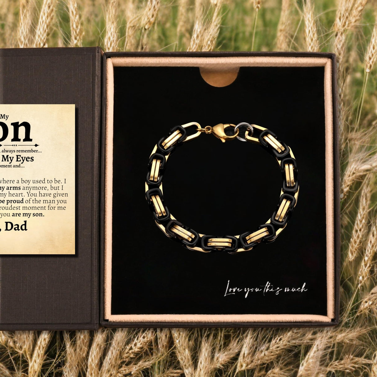 Love You This Much Sentimental Father to Son Gift | Men's 5mm Twist Steel Bracelet | Present for Son from Dad | 8"+1" Extender | Luxury Gift Box & Card (Gold-Black)