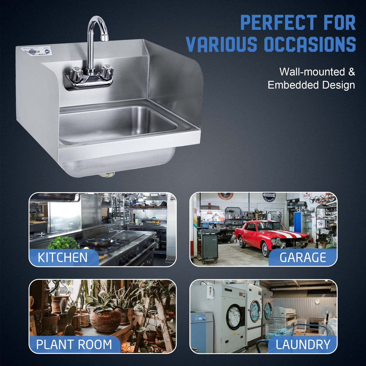 Profeeshaw Stainless Steel Sink Commercial Wall Mount Hand Washing Basin NSF Certified, with Gooseneck Faucet and Side Splash Guard, for Restaurants, Stores, Bars and Home, 17" x 15" …