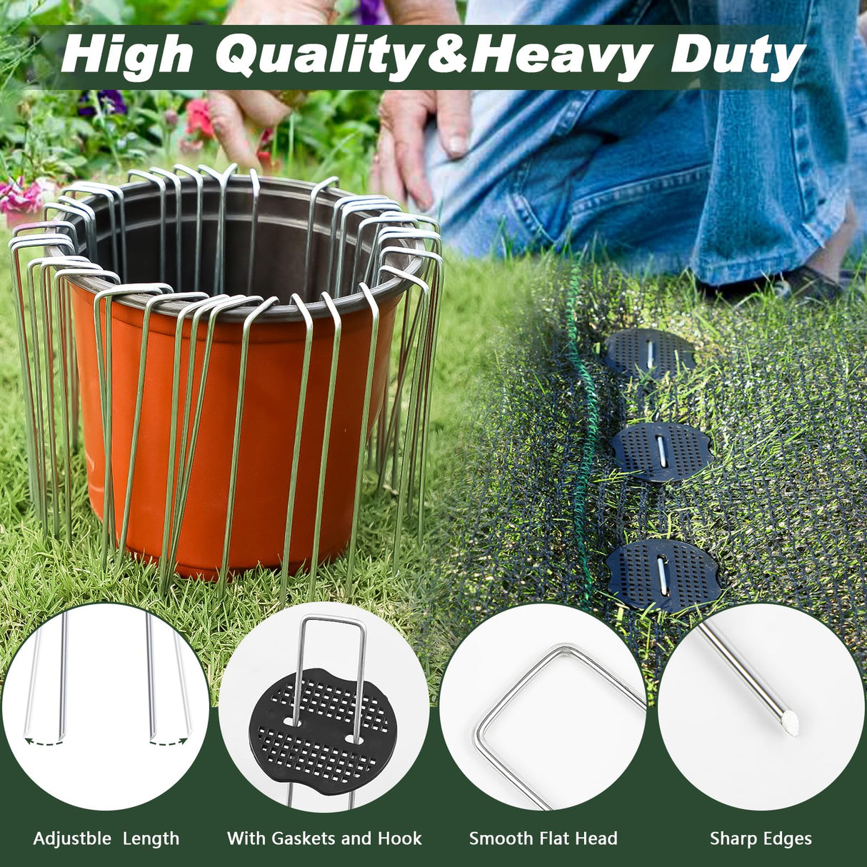 FEED GARDEN Landscape Staples 6 Inch 200 Pack Kit, Heavy Duty 11 Gauge Hot-Dip Galvanized Garden Stakes with 200 Gaskets & 1 Pick Hook for Weed Barrier, Landscape Fabric, Sod, Turf & Garden Edging