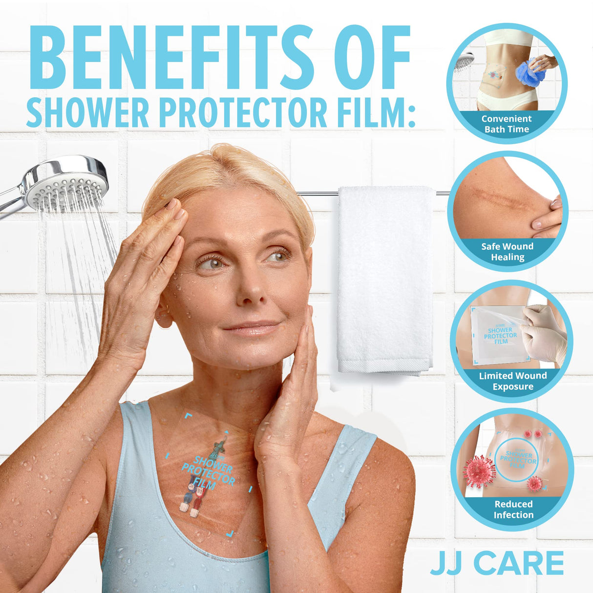 JJ Care Shower Protector [Pack of 14], 9x9 Dialysis Catheter Shower Shileds Wound Cover, PICC Line Water Barrier, Colostomy Waterproof Bandage Protector, 2 Week Supply