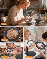 30X 10X Magnifying Glass with Light and Stand, 5 Color Modes Stepless Dimmable, Optical Grade HD Lens, LED Lighted Magnifier Hands Free with Flexible Gooseneck for Close Work, Craft, Hobby, Painting