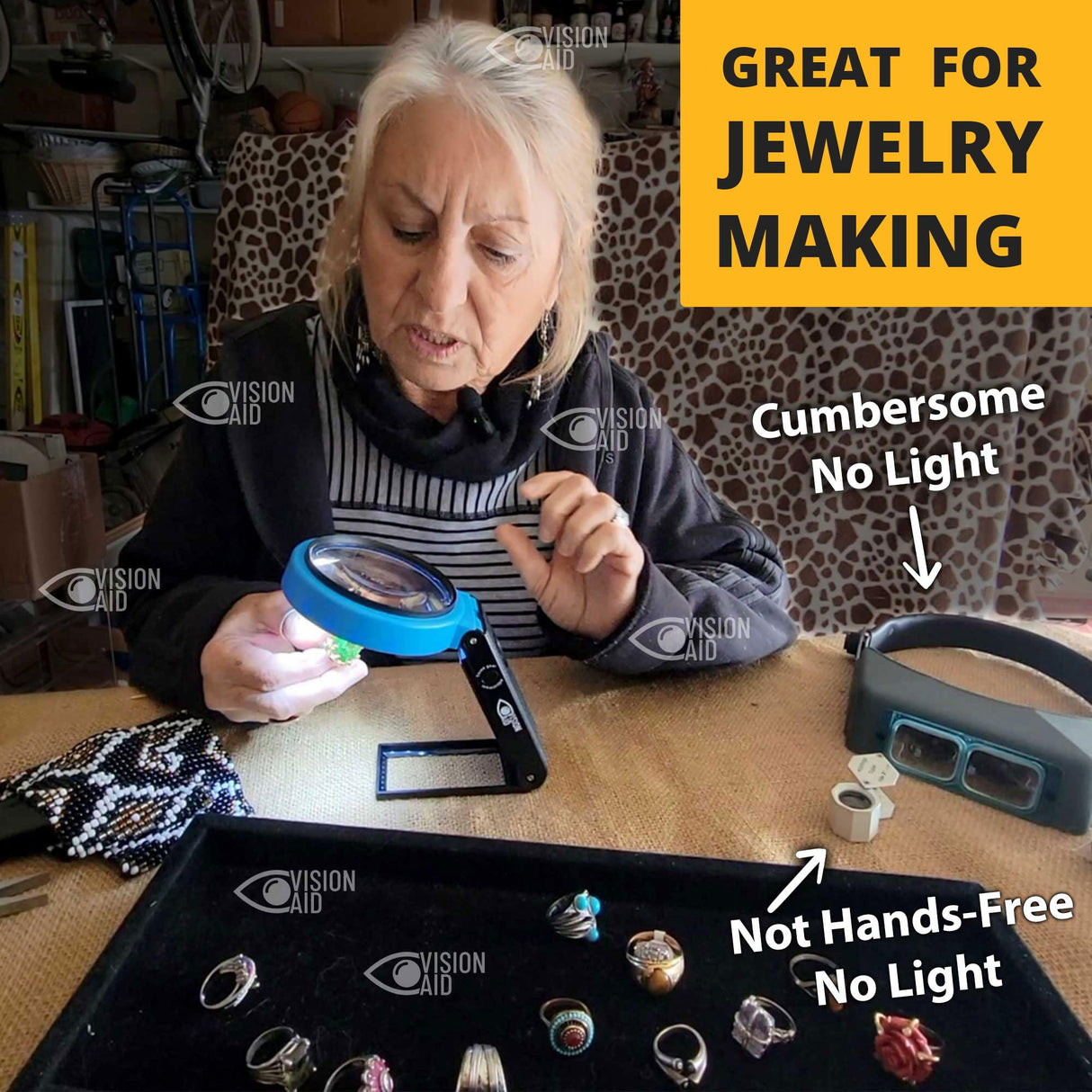 VISION AID 30X Hands-Free Magnifying Glass with 21 LED Lights for Coins Jewelry Crafts Hobby 40X Loupe Handheld or Desktop Stand Magnifier for Seniors Reading Watch Repair Soldering Close Work