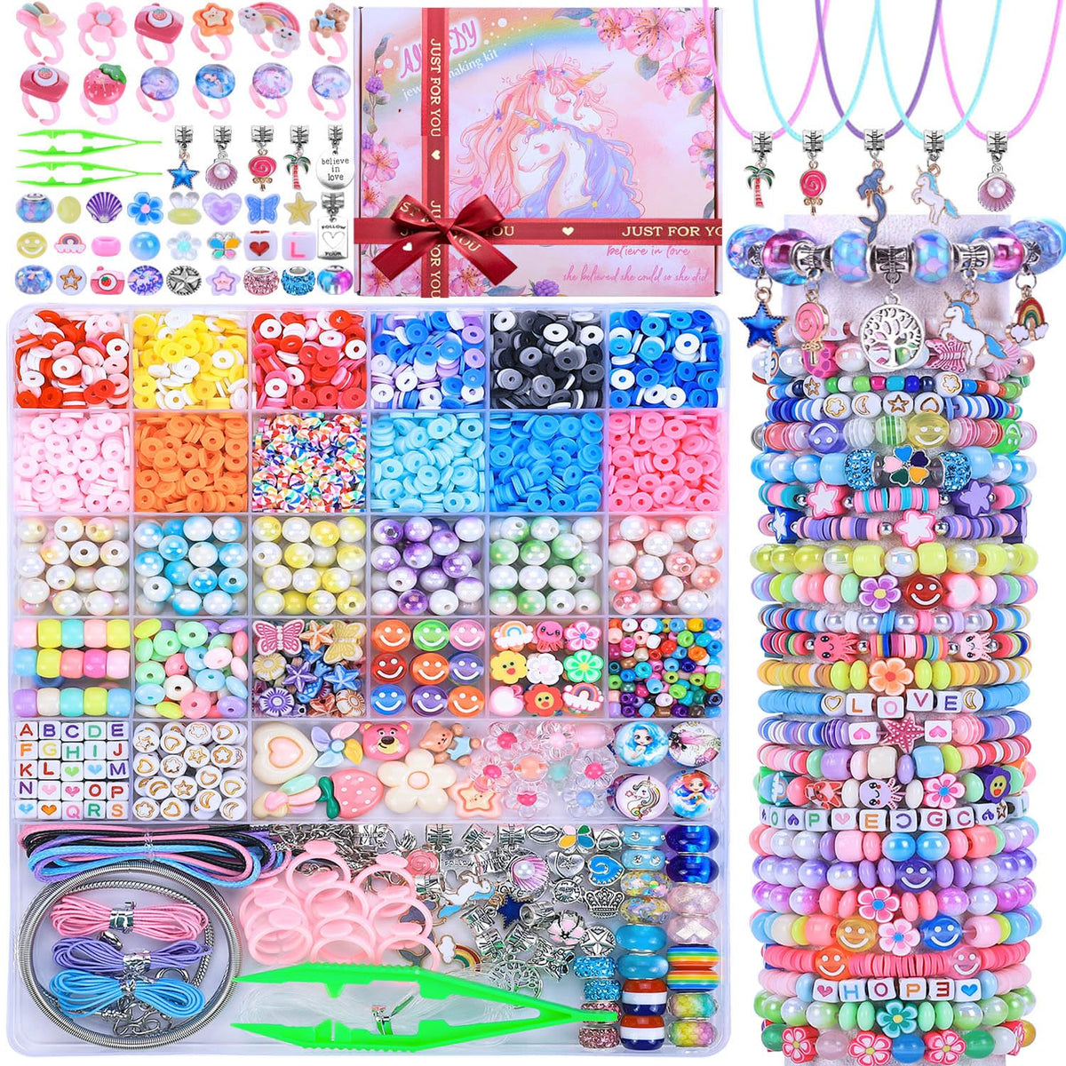AIPRIDY 3200 Pieces Girls Toys Bracelet Making Kit, Unicorn/Mermaid Clay Beads Jewelry Activity Kit, DIY Crafts Birthday Christmas Gifts for Girls Ages 5 6 7 8 9 10 11 12 Years Old (Light Pink)