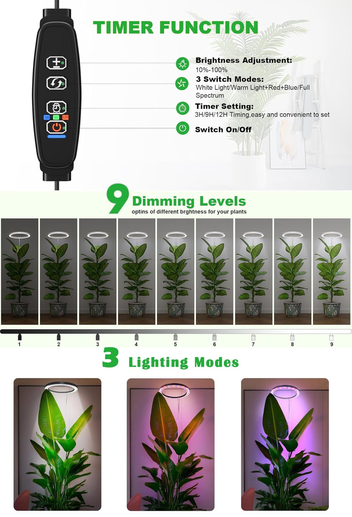 10" Grow Lights for Large Indoor Plants, Full Spectrum Indoor Plant Light for Indoor Growing with Timer,Height Adjustable Auto On/Off 3/9/12H, 9 Brightness,Led Tall Halo Grow Light for House Plants