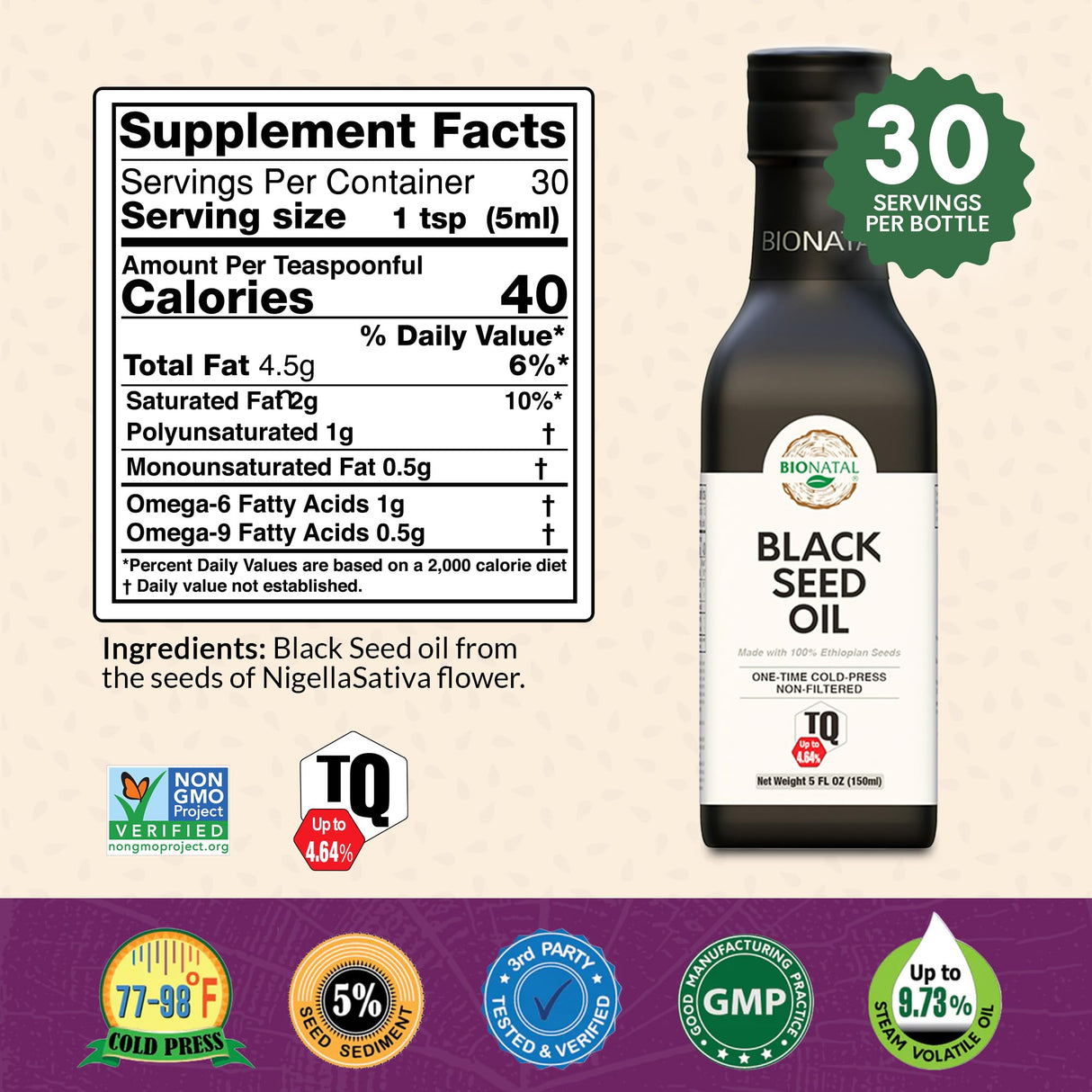 BioNatal Ethiopian Black Seed Oil 5oz Glass– Cold Pressed Nigella Sativa Producing Black Cumin Seed Oil, Unrefined & Non-Filtered, High TQ Up to 4.64% – Supports Immune System, Digestion & Joints