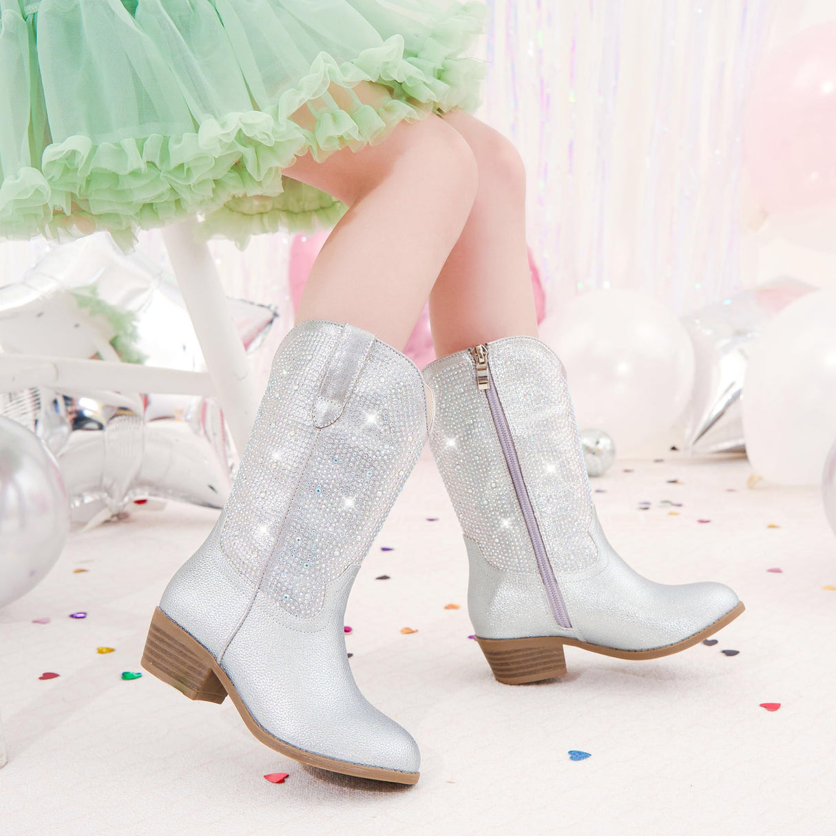 Motasha Girls Cowgirl Cowboy Boots Kids Rhinestone Sparkly Dress Western Boot Sparkle Big Kid Toddler Mid Calf Zipper Dance Party Birthday Halloween Christmas(M7112 Silver 13)
