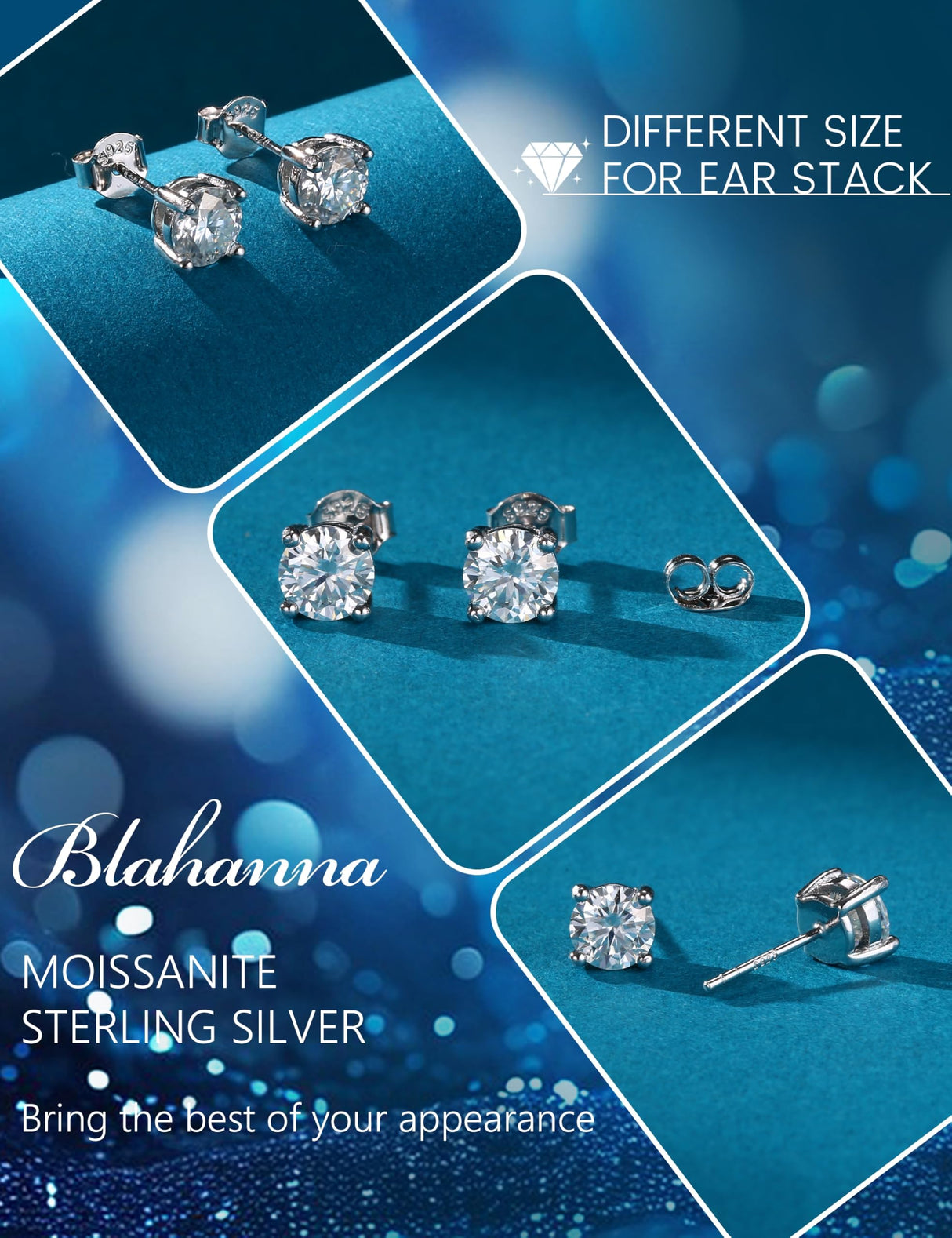 Moissanite Stud Earrings Sterling Silver Men's Earring14K White Gold Plated