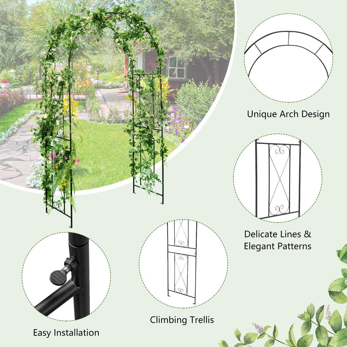 Moccha Garden Arch, 7.2Ft Metal Arbor for Climbing Plants, Vines, Roses, Outdoor Pergola Trellis with Stakes, Wide Garden Archway Arbor Trellis for Lawn Wedding