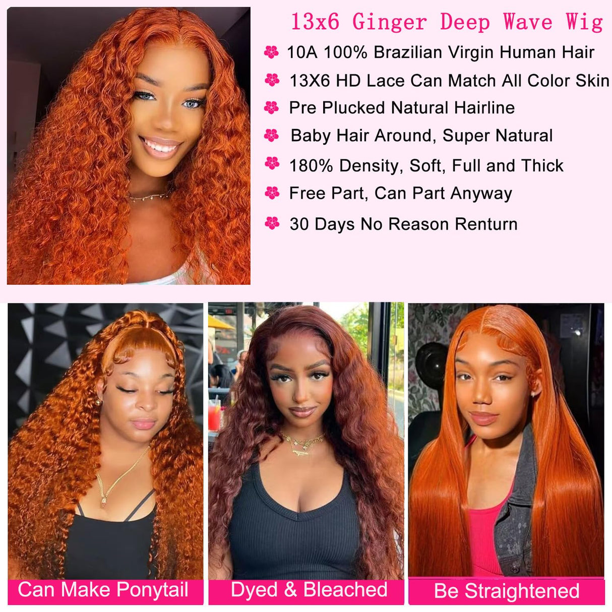 30 Inch Ginger Lace Front Wigs Human Hair 13x6 Deep Wave Wig Orange Ginger Wig Human Hair Pre Plucked 350 Deep Curly Hd Lace Front Wigs for Women 180% Density Wet Wavy Deep Curly Frontal Wigs
