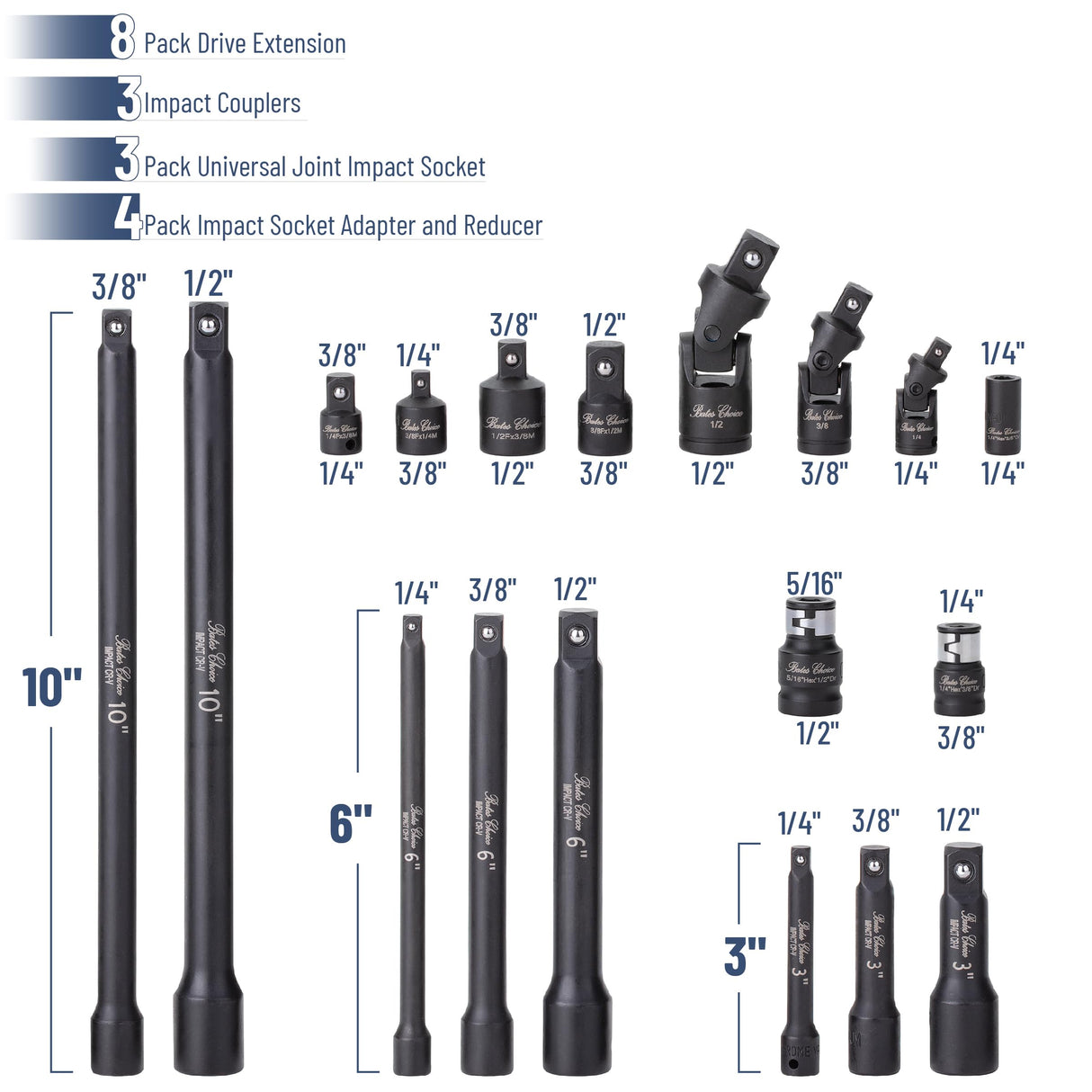 Bates- Impact Socket Extension Set, 18 pcs, Universal Joints & Impact Couplers, Socket Adapter Set, Chrome Vanadium Steel