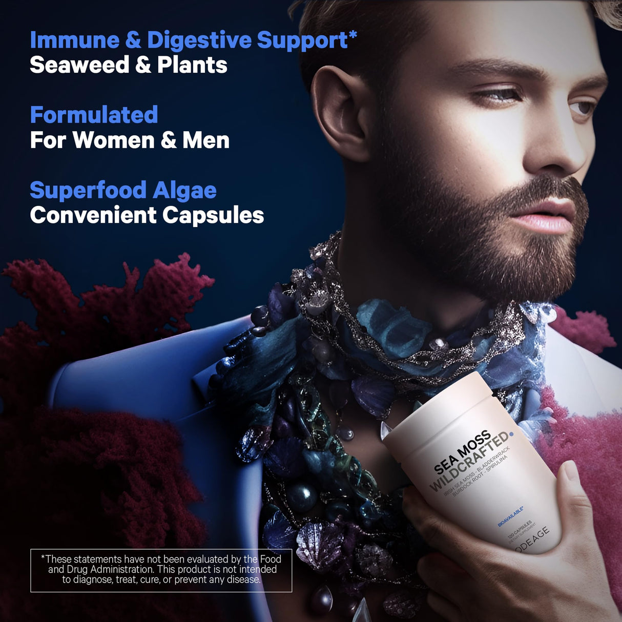 Codeage Raw Wildcrafted Irish Sea Moss Supplement, Spirulina Algae, Bladderwrack Seaweed, Burdock Root, Black Pepper, Vegan, Non-GMO, 120 Capsules