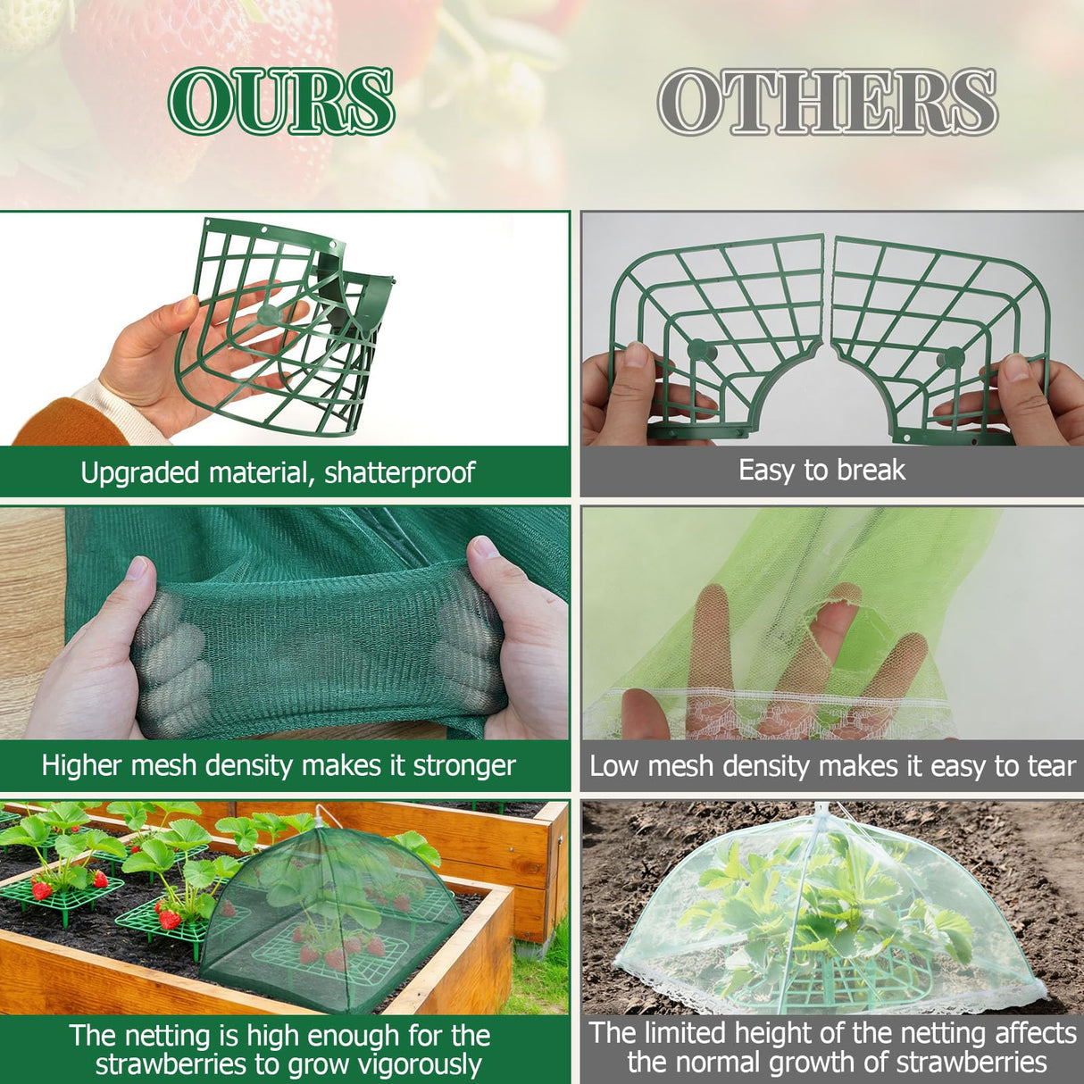 6 Sets Strawberry Plant Support with Mesh Plant Cover, Strawberry Growing Rack Kit with 24 Iron Plant Nails for Garden, Strawberry Growing Frame with Protective Net for Strawberries Tomatoes Veggies