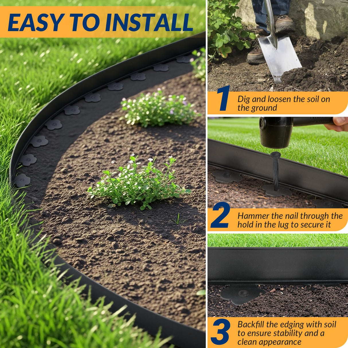 Velway No Dig Landscape Edging Kit 66FT with 100 Spikes Heavy Duty Black