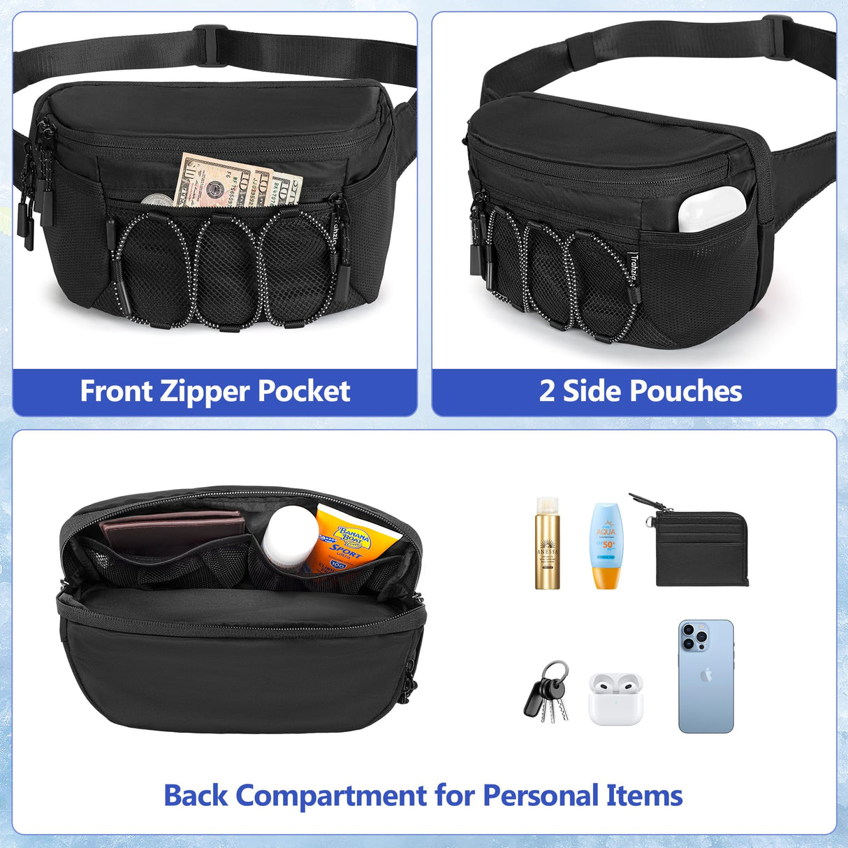 Trahzia Fanny Pack Cooler, Insulated Waist Pack Snack Bag, Portable Hip Pack for Beach, Camping and Hiking, Black