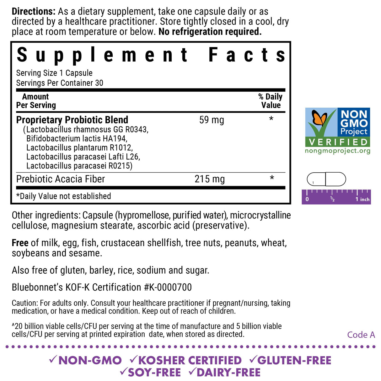 Bluebonnet Nutrition Prebiotic Probiotic 20 Billion CFU Shelf Stable - 5 Kosher Certified Strains – Digestion, Gut, & Immune* - Non-GMO, Gluten-Free, Soy-Free - 30 Vegetable Capsules, 30 Servings