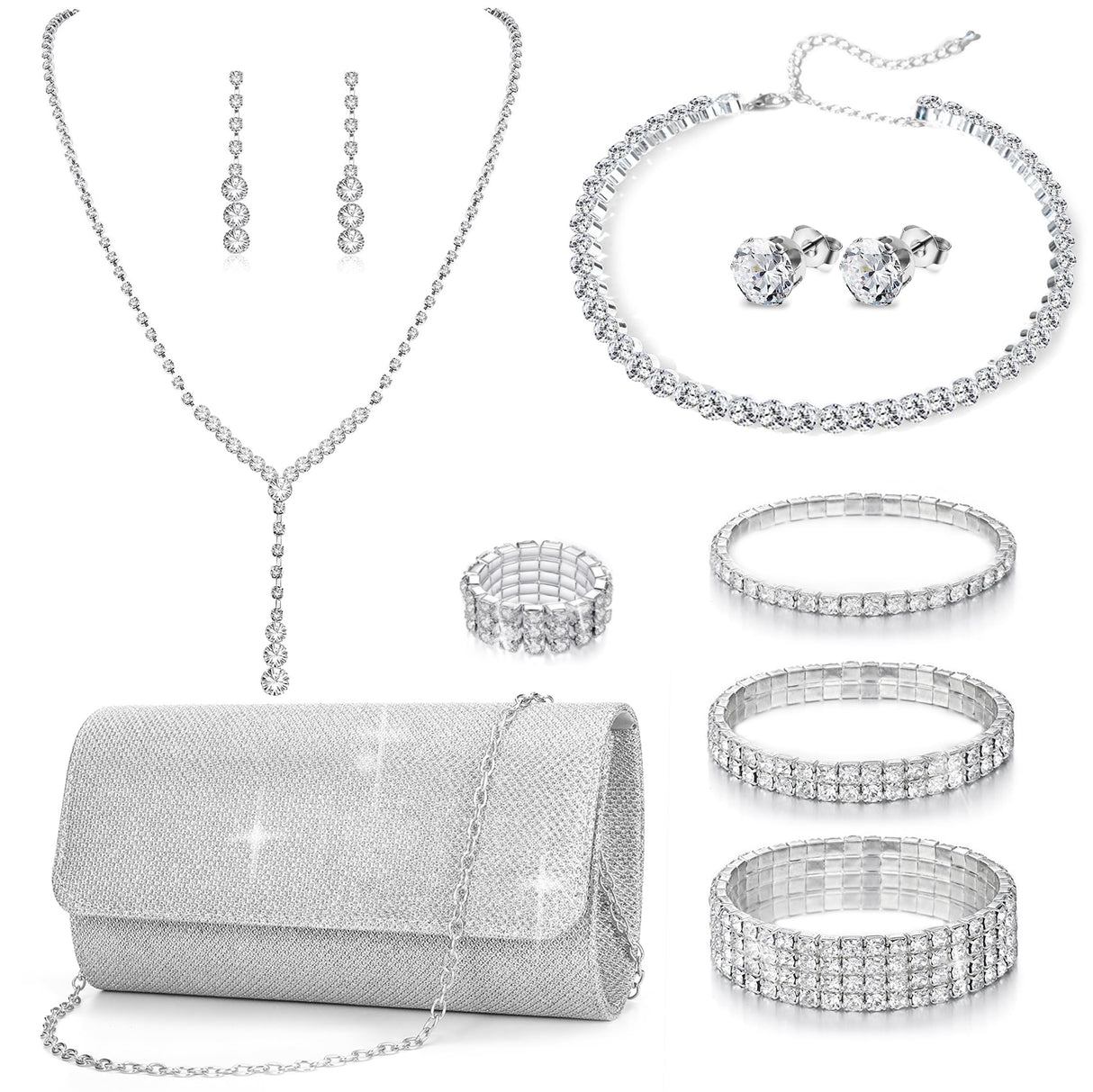 GIFIKOI 11 Pcs Silver Clutch Purse Crystal Jewelry Set for Women Shiny Rhinestone Jewelry Accessories for Evening Party Bride Wedding