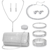 GIFIKOI 11 Pcs Silver Clutch Purse Crystal Jewelry Set for Women Shiny Rhinestone Jewelry Accessories for Evening Party Bride Wedding