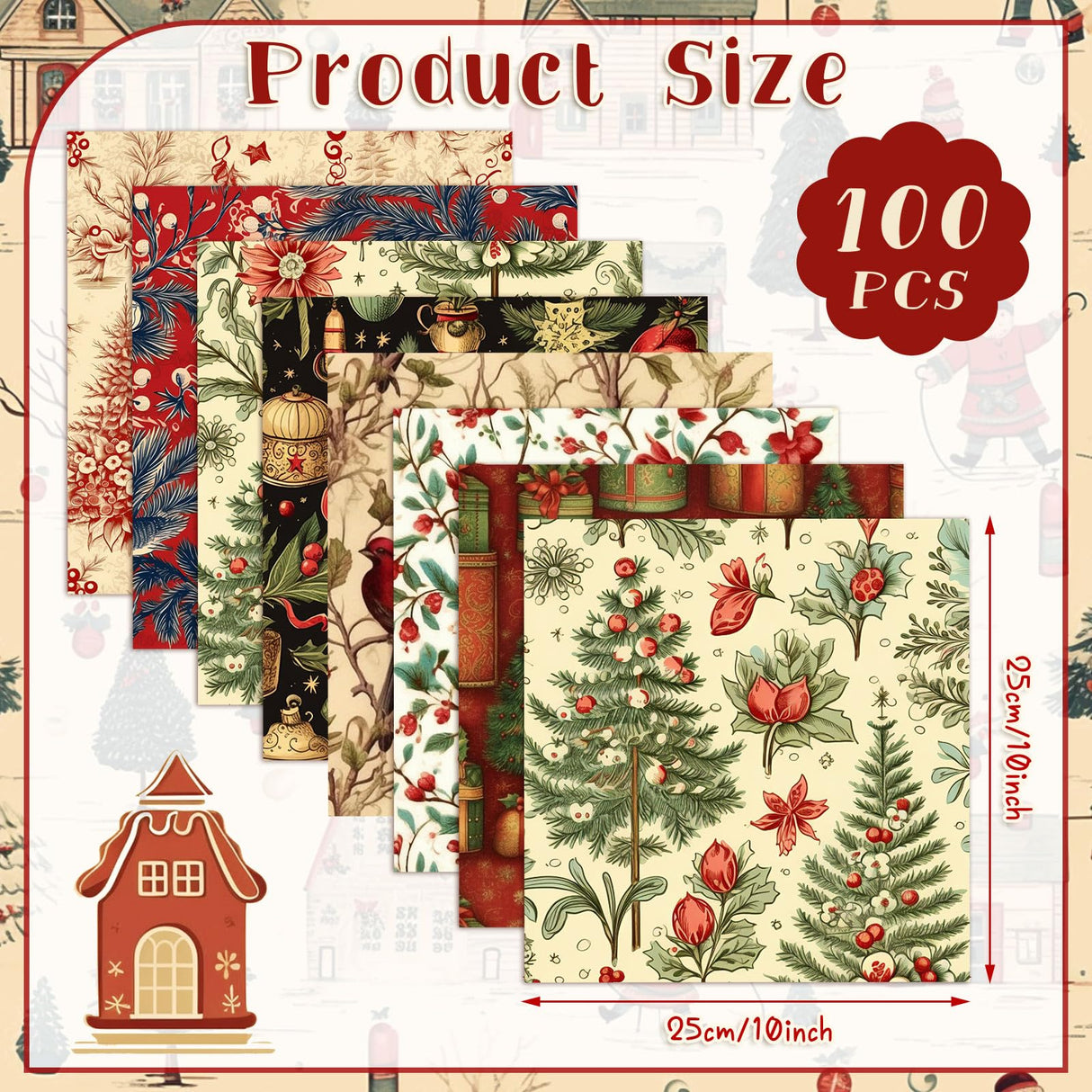 Fanfanwin 100 Pcs 10 x 10 Inch Vintage Christmas Quilting Fabric Christmas Fat Squares Patchwork Strips Santa Red Cardinal Precut Fabric Bundles for Xmas Handmade Crafting DIY Craft Sewing Material