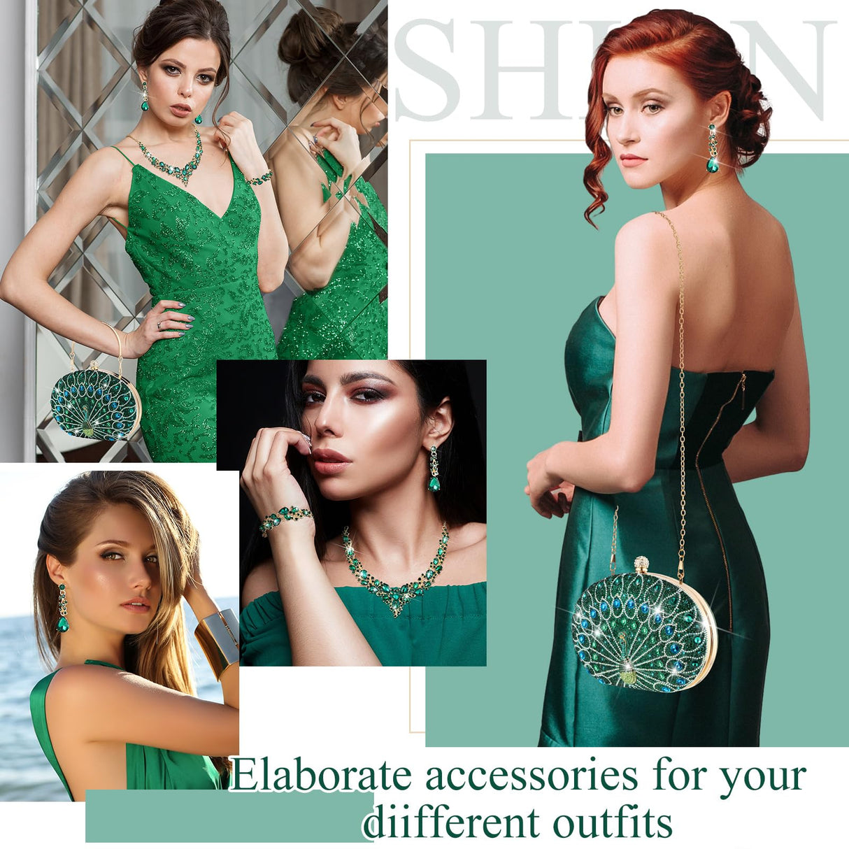 Quelay 4 Pcs Purse Rhinestone Jewelry Set Women,Classic,Peacock Green