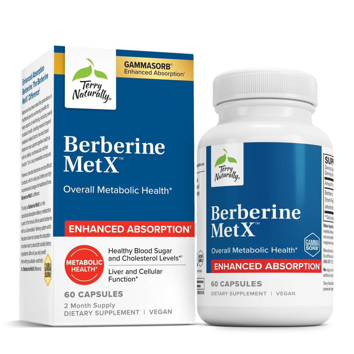 Terry Naturally Berberine MetX Extra Strength - Brain & Liver Health Support Supplement - Supplement with Indian Barberry Root Extract - Vegan Capsules for Metabolic Health Support - 60 Capsules