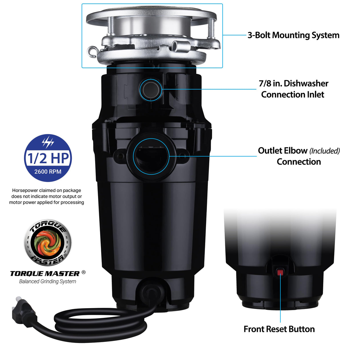 Waste Maid 10-US-WM-058-3B Garbage Disposal Anti-Jam Stainless Steel Food Waste Grinding System, 1/2 HP Economy, Black