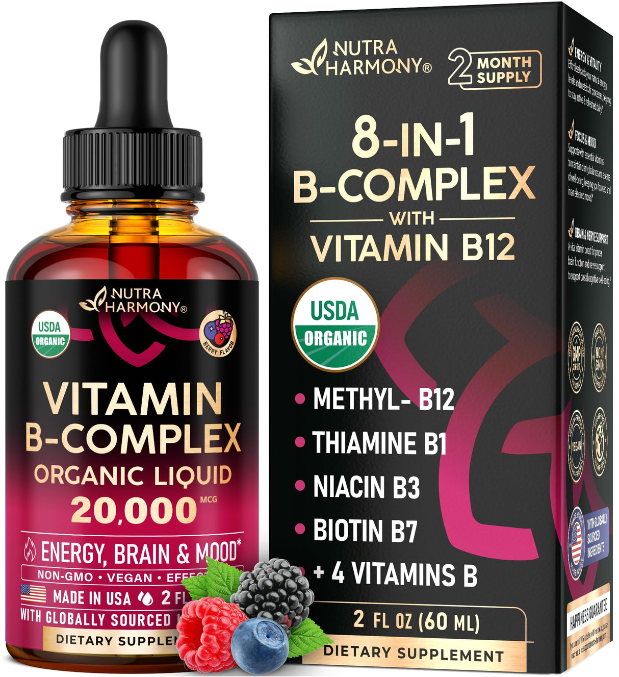 USDA Organic Vitamin B-Complex B5 Pantothenic Acid | B12 Methylcobalamin | B1 Thiamine | B6 Pyridoxine | B7 Biotin | B9 Folic | B3 Niacinamide - B Complex Liquid Drops, Made in USA Supplement, 2fl oz