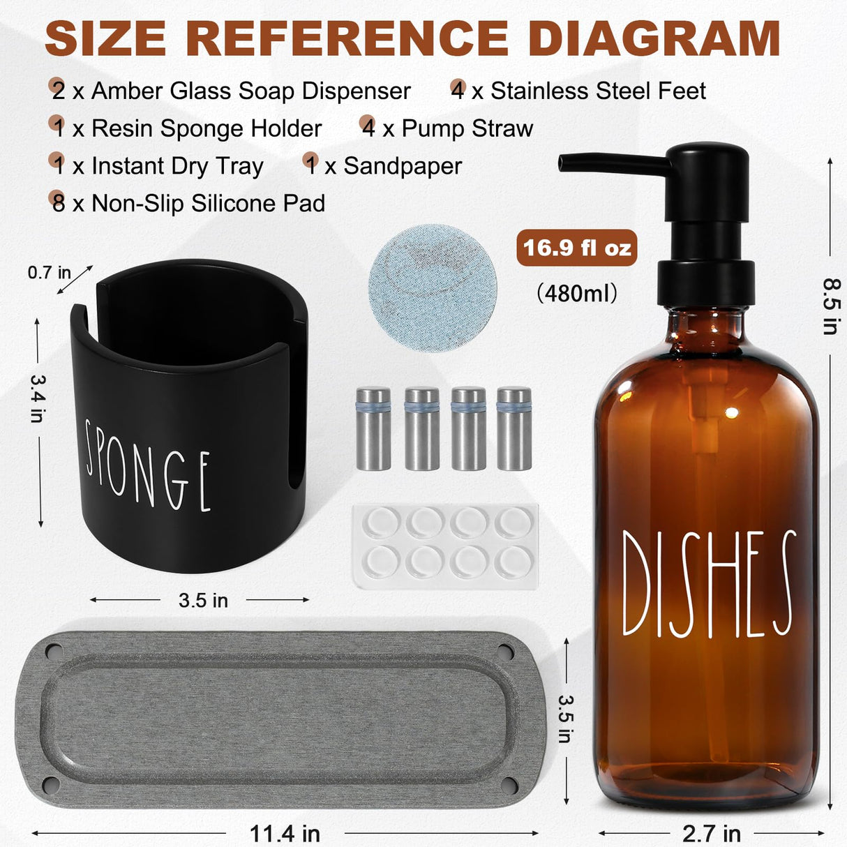 TOLDATLI Hand and Dish Soap Dispenser Set, Kitchen Soap Dispenser Set with Sponge Holder, 16.9oz Amber Glass Dispenser, Waterproof Labels, Instant Dry Tray|Upgrade for Your Kitchen and Bathroom