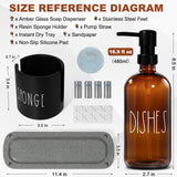 TOLDATLI Hand and Dish Soap Dispenser Set, Kitchen Soap Dispenser Set with Sponge Holder, 16.9oz Amber Glass Dispenser, Waterproof Labels, Instant Dry Tray|Upgrade for Your Kitchen and Bathroom