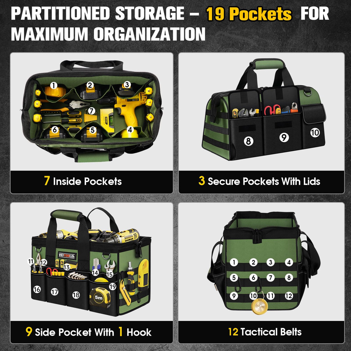 Heavy Duty Tool Bag 16-Inch - 19 Pockets Tool Organizer, Portable Electrician Toolbox W/Soft Handle, Christmas Birthday Gift Ideas for Men Dad Husband Him Mechanic Plumber, Wide Mouth Tool Storage Box