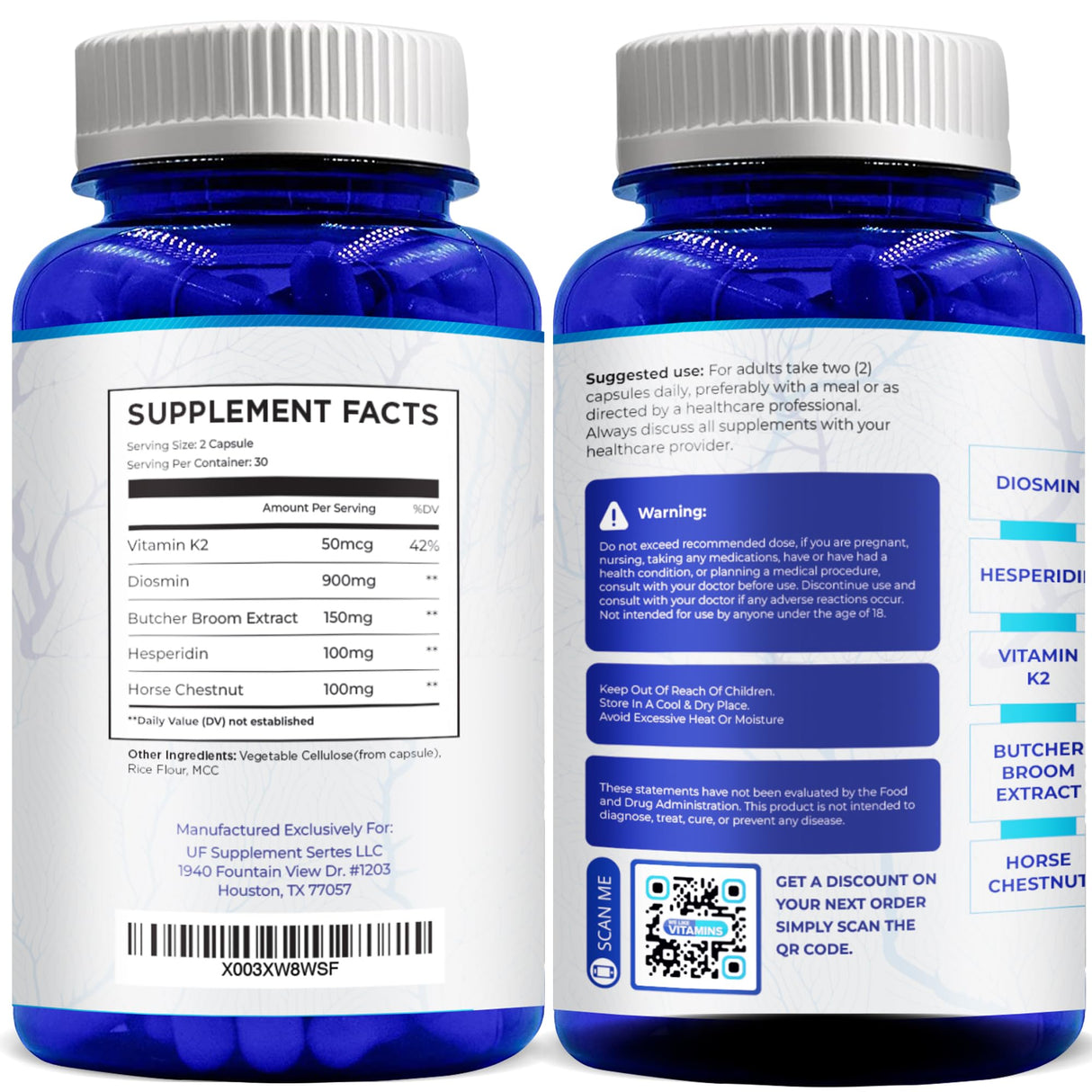 We Like Vitamins Vein Vitality 1250mg Diosmin Hesperidin Complex for Varicose Veins Treatment, Horse Chestnut, Butchers Broom, Bioflavonoids - Supports Blood Circulation for Leg Veins- 60 Capsules