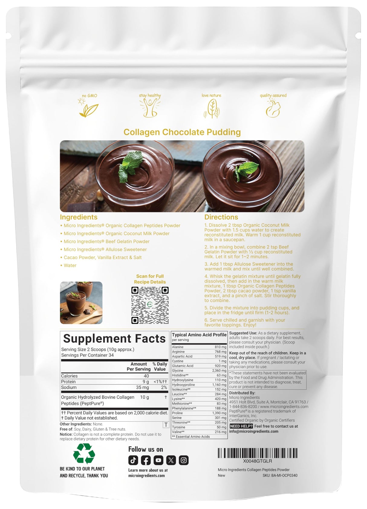 Micro Ingredients Collagen Peptides Powder Organic, 12oz | Type I & III + Natural Protein | Grass-Fed Bovine Source | Unflavored | Supports Skin, Joint & Bone Health | Paleo, Non-GMO
