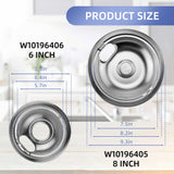 W10196406 and W10196405 Chrome Stove Burner Drip Pan Set for Whirlpool Amana Maytag Magic-Chef Kenmore Electric Range with Locking Slot, Includes 2 6-Inch and 2 8-Inch Drip Bowls