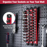WORKPRO Magnetic Socket Organizer Set, 3-Piece Aluminum Alloy Socket Rail, Heavy Duty Socket Holder, Socket Rack Kit 1/4-Inch x 12 Clips, 3/8-Inch x 10 Clips, 1/2-Inch x 10 Clips (Red)