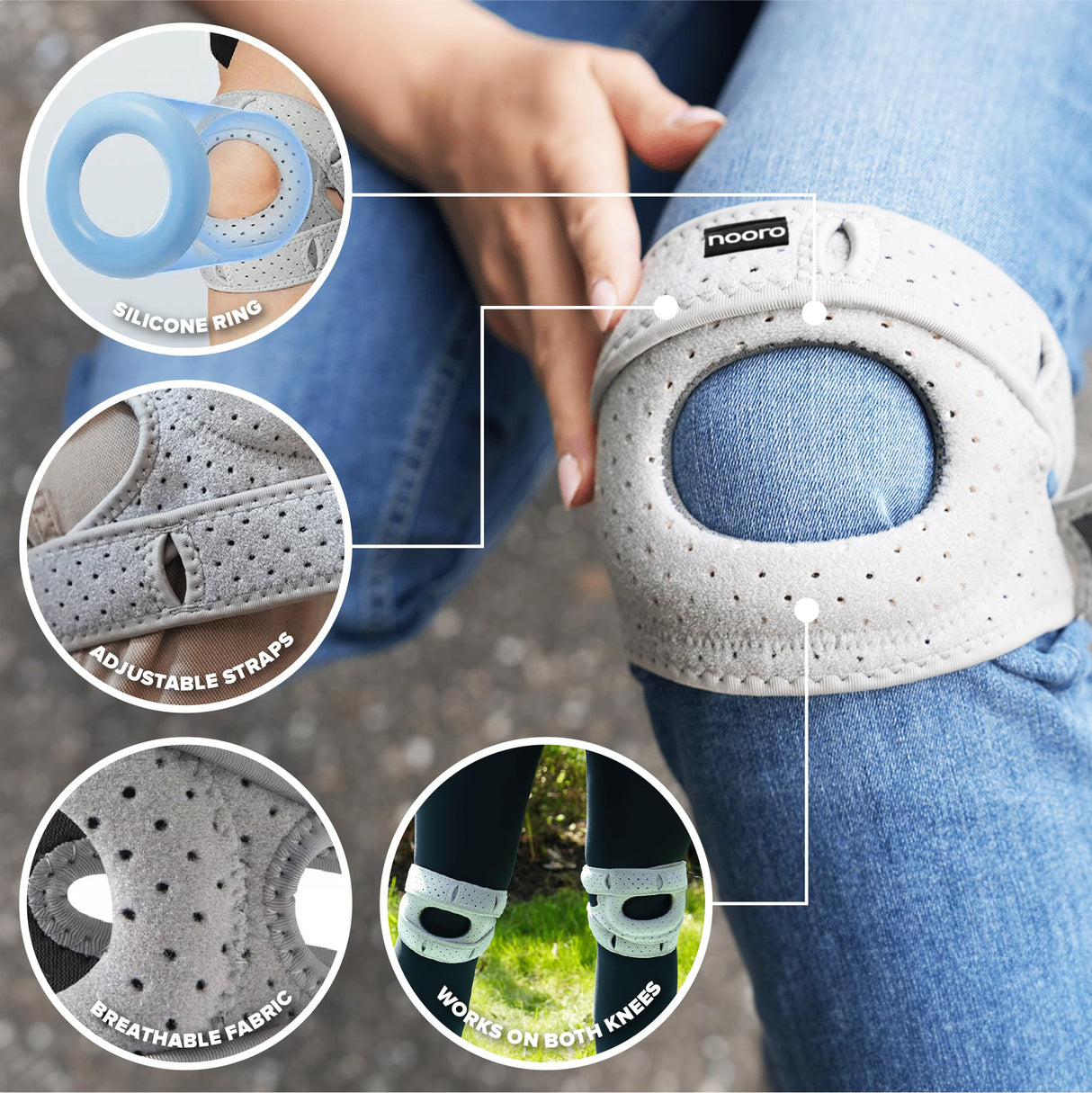 nooro Patella Knee Brace - Adjustable Knee Brace for Men and Women with Side Stabilizers, Open Patella Support for Injuries, Running, Sports, and Workouts - 1 pack